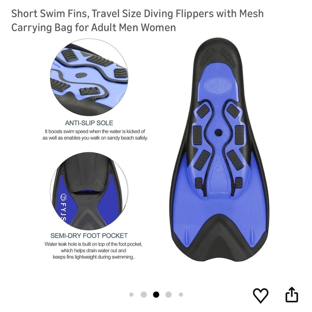 Unisex Short Swim Fins in Black and Blue - Travel Diving Flippers - Picture 3 of 8